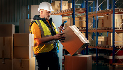 Poster - Man in customs warehouse. Storekeeper with box. Warehouse worker holds package. Customs officer with phone. Man near shelves with boxes. Customs officer checks legality parcels. Warehouse business