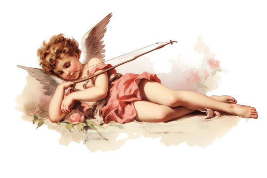 cupid resting after shooting his arrow vintage illustration isolated on a transparent background, generative ai