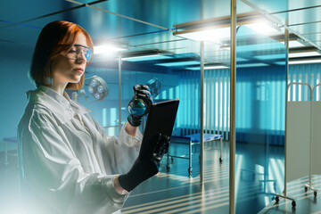 Poster - Woman laboratory assistant. Girl is medical worker. Doctor with test tube and clipboard. Woman doctor conducts experiment with medicine. Pharmacologist is developing new drug. Doctor in white coat