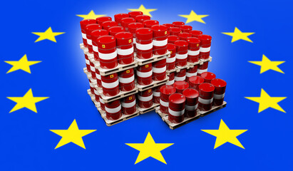 Wall Mural - Oil industry of European union. EU flag. Barrels of oil on pallets. Petroleum transit to Europe. Fuel crisis in European union concept. Imports of crude oil to EU. Export of gasoline. 3d image