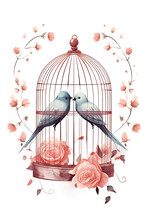 Lovebirds Sitting Vintage Illustration Isolated On A Transparent Background, Generative Ai