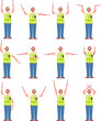 © ssstocker - Marshaller signals. Aircraft marshalling hand signal for safety landing airplane or helicopter, man signaler on runway airport plane traffic controller, classy vector illustration