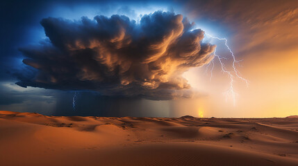 Canvas Print - desert thunderstorm, lightning striking the sand, dramatic clouds rolling in, capturing the rare mom