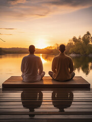 Wall Mural - two male yogis in Partner Seated Forward Bend( Paschimottanasana) , serene lakeside setting, sunset reflection on water