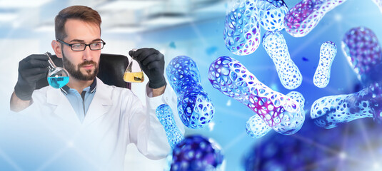 Poster - man is scientist. biologist with test tubes. probiotic cells. biologist studies actions of microorga