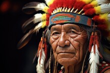 An elderly, indigenous man wearing a colourful, traditional feathered headdress, with wrinkles etched across his suntanned face, leaning on a carved wooden cane, silently advocating for