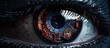 Closeup of robotic eye with cybernetic signs with copyspace for text
