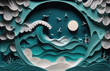 Wall Mural - Paper art blue ocean, generated by AI