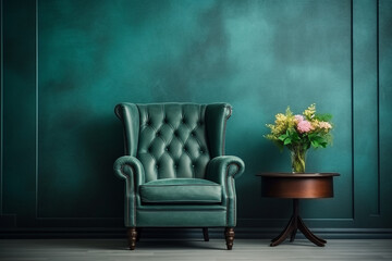 Wall Mural - Beautiful luxury classic blue green clean interior room in classic style with green soft armchair. Vintage antique blue-green chair standing beside emerald wall. Minimalist home design. High quality