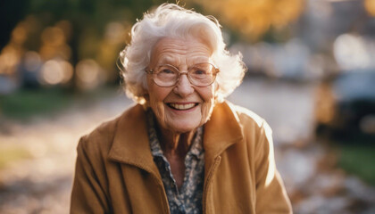 Wall Mural - Happy elderly lady in autumn park with copy space