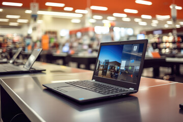 Laptops for sale on the counter in a computer store