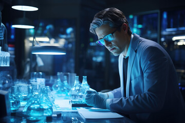 Poster - a scientist conducting drug discovery research with the help of ai-driven simulations. generative ai