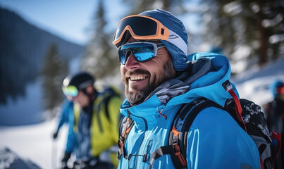 Portrait of handsome man with ski goggles, ski clothing and helmet, skiing with good friends.
