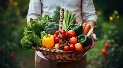 A delighted young farmer holds a basket of fresh vegetables in a natural setting, symbolizing organic, eco-friendly, homegrown, and vegetarian ideals