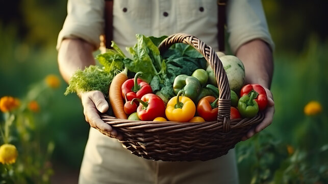 A delighted young farmer holds a basket of fresh vegetables in a natural setting, symbolizing organic, eco-friendly, homegrown, and vegetarian ideals