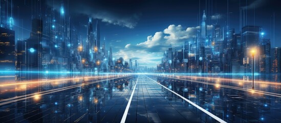 Wall Mural - depiction of trail lights and building light reflections in a futuristic city at night representing technology cyberpunk fintech big data 5G network and AI with copyspace for text