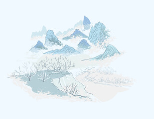 Wall Mural - landscape mountains pastel japanese chinese traditional vector illustration card background colorful watercolor ink textured korean
