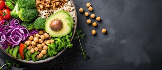 Chicken rice avocado vegetables nuts Nutritious meal Overhead view with copyspace for text