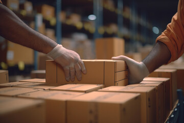 Wall Mural - closeup on hands of workers moving cardboard boxes in a warehouse or delivery center of an online ecommerce store, ready for shipping and delivery in a big storehouse