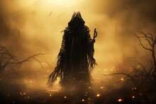 Reaper Or Dark Grim Angel Walks In Yellow Mist In Forest On Halloween