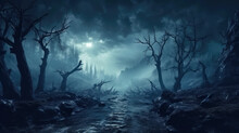 Scary Dark Wood, Spooky Dry Trees And Blue Mist In Mystic Fairy Forest