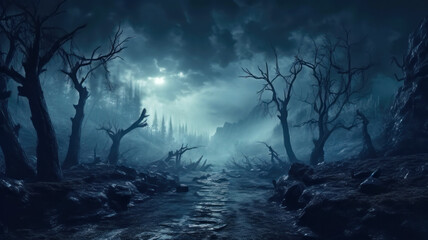 Wall Mural - Scary dark wood, spooky dry trees and blue mist in mystic fairy forest