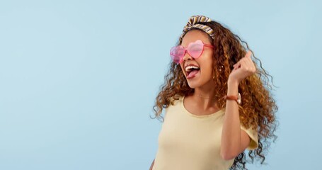 Poster - Happy, dancing and young woman in a studio with funky, cool and stylish sunglasses listening to music. Smile, excited and young female model from Colombia moving and having fun by white background.