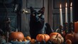 black cat in a halloween setting with candles and pumpkins