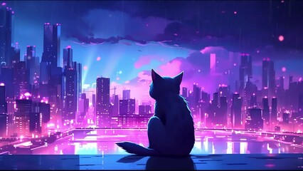 Wall Mural - cat ears tail moving, cat is watching the rain in a city lofi animation created using Generative AI tools