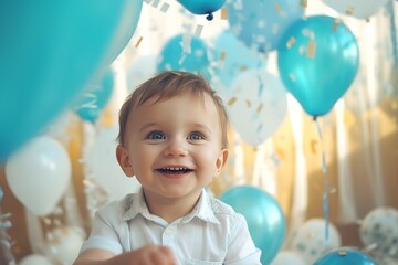 Portrait of a cute little boy with blue balloons on his birthday