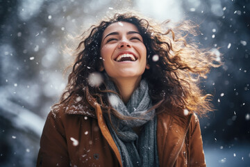 Wall Mural - Happy brunette girl smile enjoys snowy winter, christmas holiday