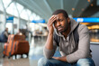 © MVProductions - African American man in airport experiencing flight delays and travel plan changes. Worried and anxious look on his face. Travel problems