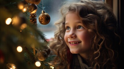 Wall Mural - A child gazes through the window, transfixed by the mesmerizing sight of a beautifully adorned Christmas tree, radiating the magic of the festive season.