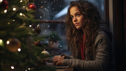 Wall Mural - On Christmas night, a girl stands by the window, captivated by the enchanting world of twinkling lights and festive charm outside.