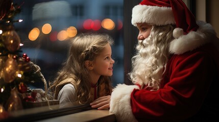 Wall Mural - cozy photo with the soft glow of Christmas lights, a child looking out the window