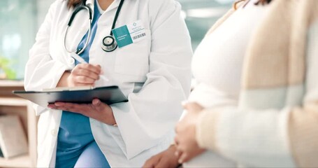 Canvas Print - Hands, pregnant and a doctor with a patient for insurance in the hospital closeup for consulting at an appointment. Mother, questions and healthcare with a woman talking to a medicine professional