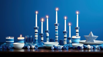 Wall Mural - Hanukkah festive celebration concept, glow of the menorah with shining candles and star