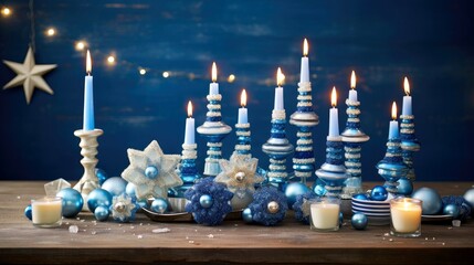 Wall Mural - Hanukkah festive celebration concept, glow of the menorah with shining candles and star