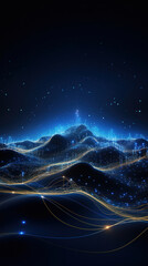 Poster - Data technology and communication futuristic illustration. Wave of bright particles. Technological 3D landscape. Big Data visualization. Network of dots connected by lines.