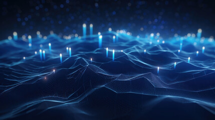 Poster - Data technology and communication futuristic illustration. Wave of bright particles. Technological 3D landscape. Big Data visualization. Network of dots connected by lines.