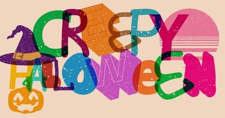 Aufkleber - Risograph Creepy Halloween word with geometric shapes animation. Holiday in trendy riso graph design.