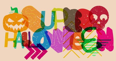 Aufkleber - Risograph Super Halloween word with geometric shapes animation. Holiday in trendy riso graph design.
