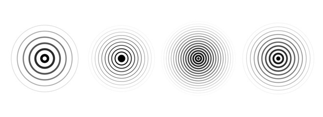 Poster - Black concentric ripple circles set. Linear sound wave rings collection. Epicenter, target, radar, sonar icon concept. Radial signal or vibration elements. Halftone vector illustration 