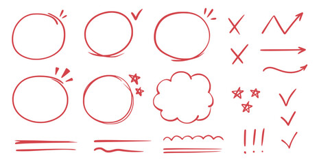 Poster - Red line check mark, underline, circle. Hand drawn doodle sketch red marker stroke emphases, highlight, check mark elements. Study focus, important underline, circle sketch. Vector illustration.