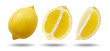 Flying yellow lemon with slices collection isolated on white background.