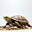 Turtle Crawling Over Pile of Coins with Copy Space - Slow Steady Investment Growth Concept - Generative AI