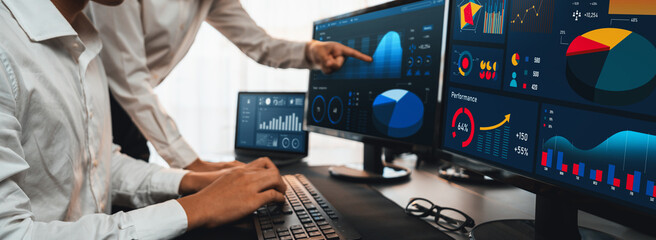 Poster - analyst working on data analysis or bi dashboard on computer monitor. business team analyzing financ
