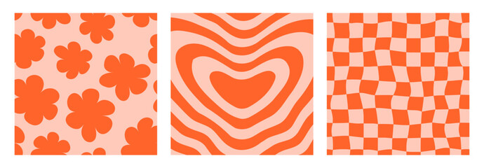 Poster - Groovy checkerboard and daisies seamless background set. Repeating retro flowers and checkered pattern collection. Vintage psychedelic wallpapers. Distorted red heart backdrop in 60s 70s style. Vector