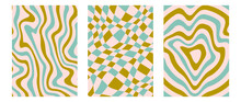 Groovy Psychedelic Pattern Posters Set. Wavy Lines, Checkerboard And Rings Backgrounds. Colorful Retro Liquid Design Collection. Vintage Distorted Wallpapers. Vector Funky Green Blue Backdrop Pack