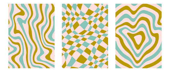 Poster - Groovy psychedelic pattern posters set. Wavy lines, checkerboard and rings backgrounds. Colorful retro liquid design collection. Vintage distorted wallpapers. Vector funky green blue backdrop pack